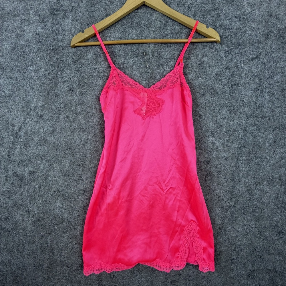 Be Wicked Slip Dress Nightie Chemise Women Small Pink Satin Lace Trim Side Slit